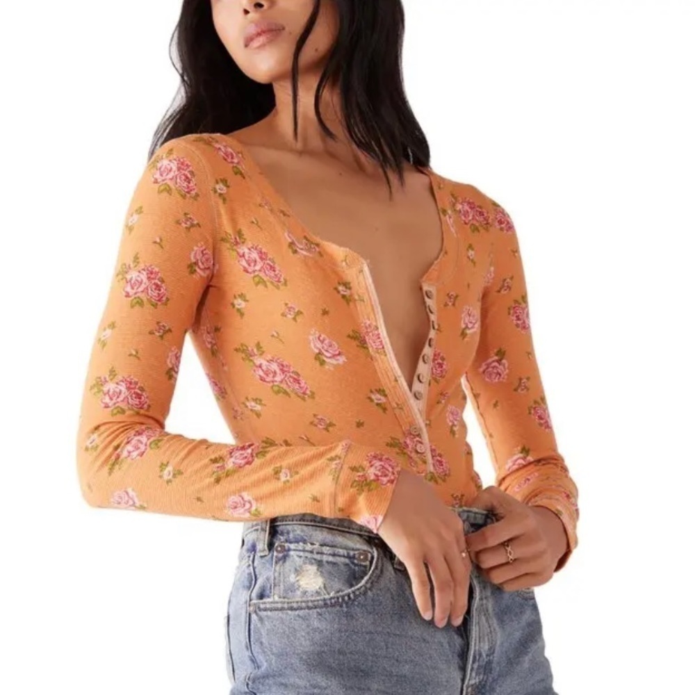 NWT Free People Intimately Dylan Thermal Waffle Floral Thong Bodysuit